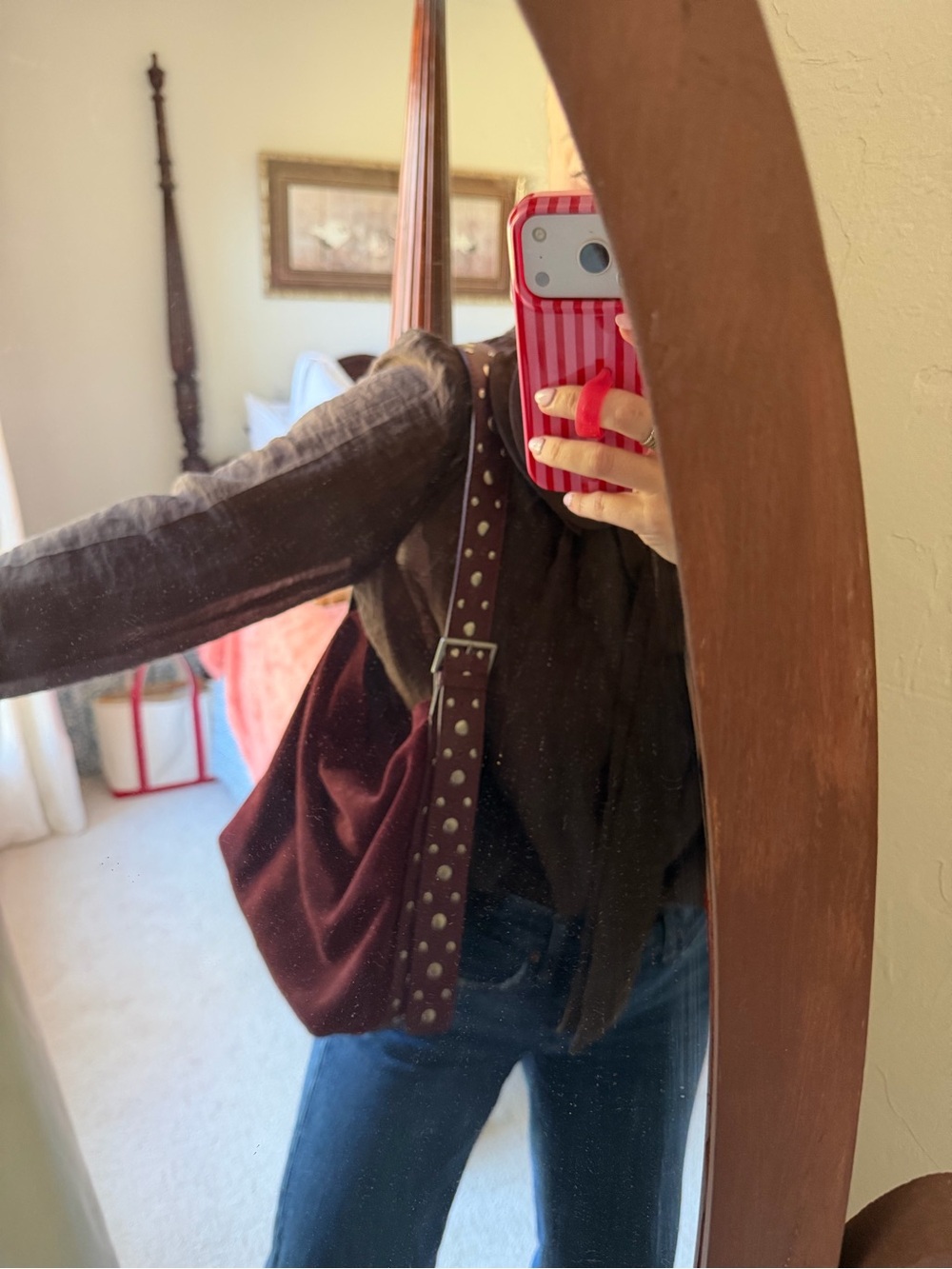 Studded Strap Burgundy Shoulder Bag - Unbranded